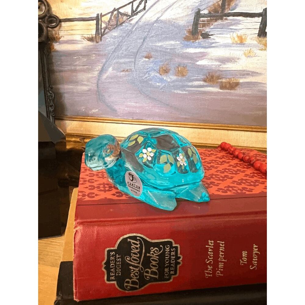 Vintage Fenton Hand Painted Blue Glass Turtle Figurine, Signed S. Kiser, Floral